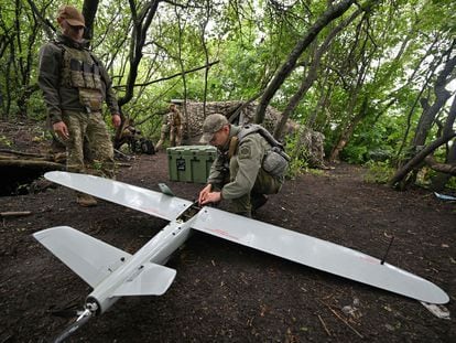 Ukrainian servicemen of an air reconnaissance squad of the 45th Brigade prepare for a flight a Leleka reconnaissance UAV on a position in Donetsk region on June 27, 2023, amid the Russian invasion of Ukraine.