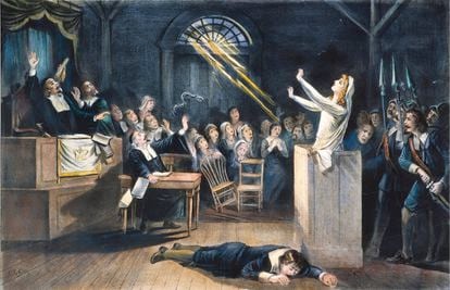 A lithograph of the Salem witch trials in Massachusetts from 1692.