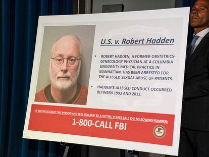 A board bearing an image of Robert Hadden is displayed before a news conference on Sept. 9, 2020, in New York.