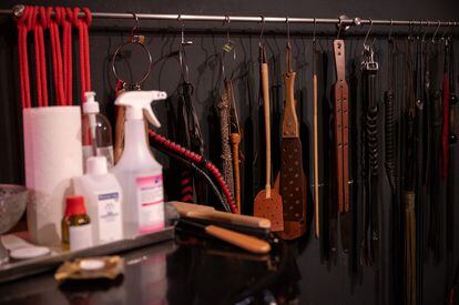 Baden-Wuerttemberg, Stuttgart: Floggers, paddles and whips hang in a studio behind disinfectant