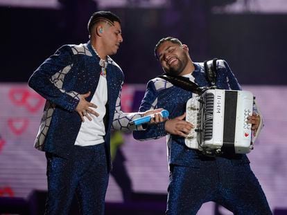 Eduin Caz and Dylan Camacho, of Grupo Firme, at Mexico City’s Foro Sol, Thursday, March 24, 2022.