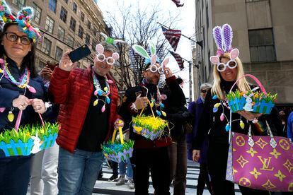Parade participants in costume are seen during the 2022 New York City Easter Bonnet Parade