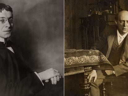 On the left, Karl Kraus in a photo from 1908 (ATELIER D’ORA). On the right, Arnold Schönberg, photographed in 1907 (ARNOLD SCHÖNBERG CENTER).
