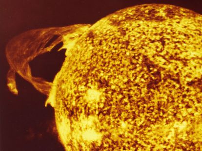 Solar flares are sometimes accompanied by the ejection of huge amounts of plasma whose particles impact the Earth's magnetosphere. One of the first images of a solar flare photographed by Skylab, in 1974.