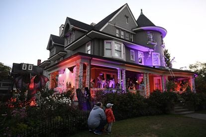 A house decorated for Halloween in New York, United States.