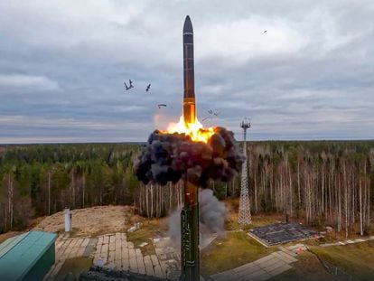 A Yars intercontinental ballistic missile is test-fired on Wednesday as part of Russia's nuclear drills from a launch site in Plesetsk, northwestern Russia.
