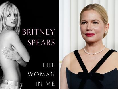 The cover of Britney Spears' autobiographical book, 'The Woman In Me' and Michelle Williams in a photographic composition.