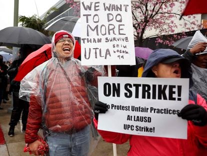 Los Angeles Unified School District workers and supporters picket outside Robert F. Kennedy Community School on the first day of a strike over wage increases, on March 21, 2023 in Los Angeles, California.