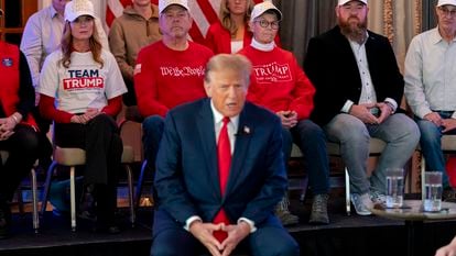 Republican presidential candidate former President Donald Trump participates in a virtual rally at Hotel Fort Des Moines in Des Moines, Iowa, Saturday, Jan. 13, 2024.