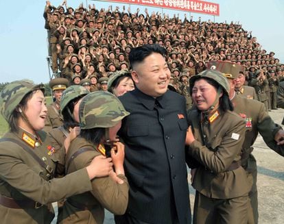North Korean soldiers with Kim Jong-un after a review of the nation's missile arsenal in 2014.
