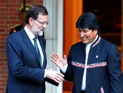 Bolivia&#039;s President Evo Morales (r) is welcomed by Prime Minister Mariano Rajoy during a visit to Madrid Tuesday. 