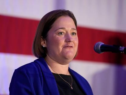 Iowa Republican Attorney General candidate Brenna Bird speaks during a Republican Party of Iowa election night rally, Tuesday, Nov. 8, 2022, in Des Moines, Iowa.