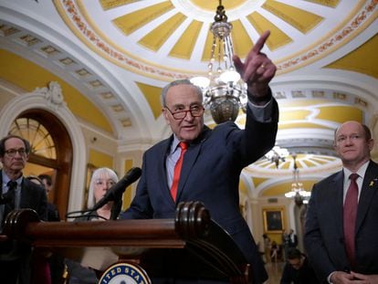 U.S. Senate Majority Leader Chuck Schumer (D-NY) speaks during a press conference following the weekly Senate caucus luncheons on Capitol Hill in Washington, March 12, 2024.