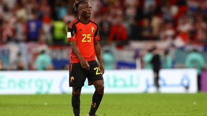 Belgium's Jeremy Doku looks dejected after the match as Belgium are eliminated from the World Cup.