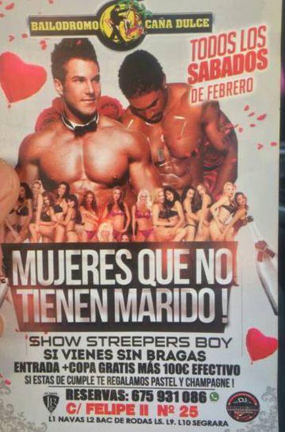 The offending poster invites "unmarried women" to male stripper event.