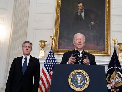 President Joe Biden and Secretary of State Antony Blinken appear before the media Saturday at the White House following the Hamas attack on Israel.