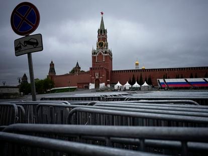 A view of the empty Red Square closed for Victory Parade preparation with the Spasskaya Tower and the Kremlin Wall in the background in Moscow, Russia, Friday, April 28, 2023.