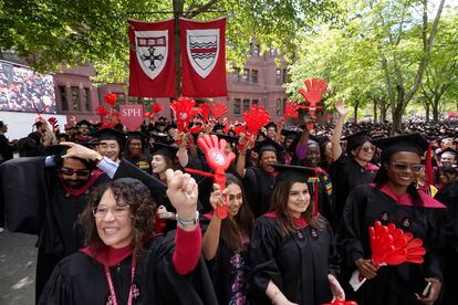 Graduating Harvard University students celebrate their degrees during commencement ceremonies, on May 25, 2023 in Cambridge, Mass