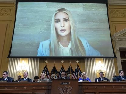 Ivanka Trump, the daughter of former president Donald Trump, is displayed on a screen during the hearing into the January 6 insurrection.