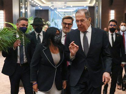 Russian Foreign Minister Sergey Lavrov, with his Venezuelan counterpart Delcy Rodríguez.