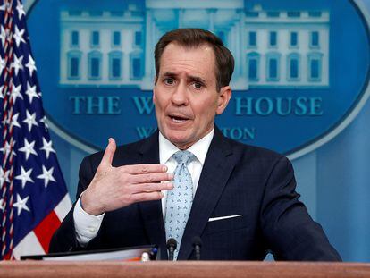 John Kirby, National Security Council coordinator for strategic communications, answers questions during the daily press briefing at the White House in Washington, February 13, 2023.