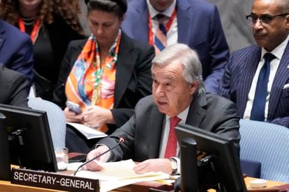 U.N. Secretary-General António Guterres addresses the Security Council, October 24. “[Palestinians] have seen their land steadily devoured by settlements and plagued by violence,” he said.