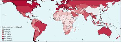 Map shows the number of deaths estimated to have been prevented thanks to the vaccines per 10,000 inhabitants. The researchers did not include China in their analysis.
