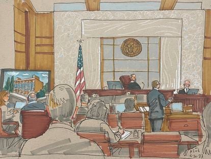 In this courtroom sketch, prosecuting attorney Eric G. Olshan questions witness Rabbi Jeffrey Myers, in the federal trial for 2018 synagogue massacre suspect Robert Bowers, on May 30, 2023, in Pittsburgh.