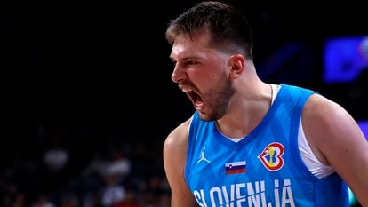 Slovenia's Luka Doncic reacts during the game.