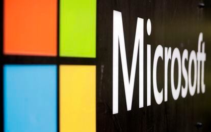 The Microsoft company logo is displayed at their offices in Sydney, Australia.