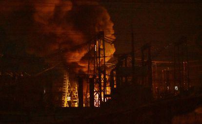 A power plant in Kyiv burns after a drone attack on December 19, 2022. 