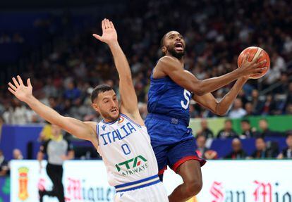 Mikal Bridges of the U.S. in action with Italy's Marco Spissu.