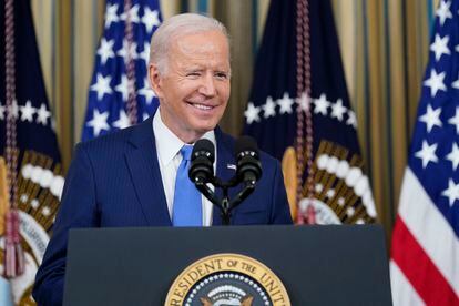 US President Joe Biden arrives to speak in the State Dining Room of the White House on Wednesday.