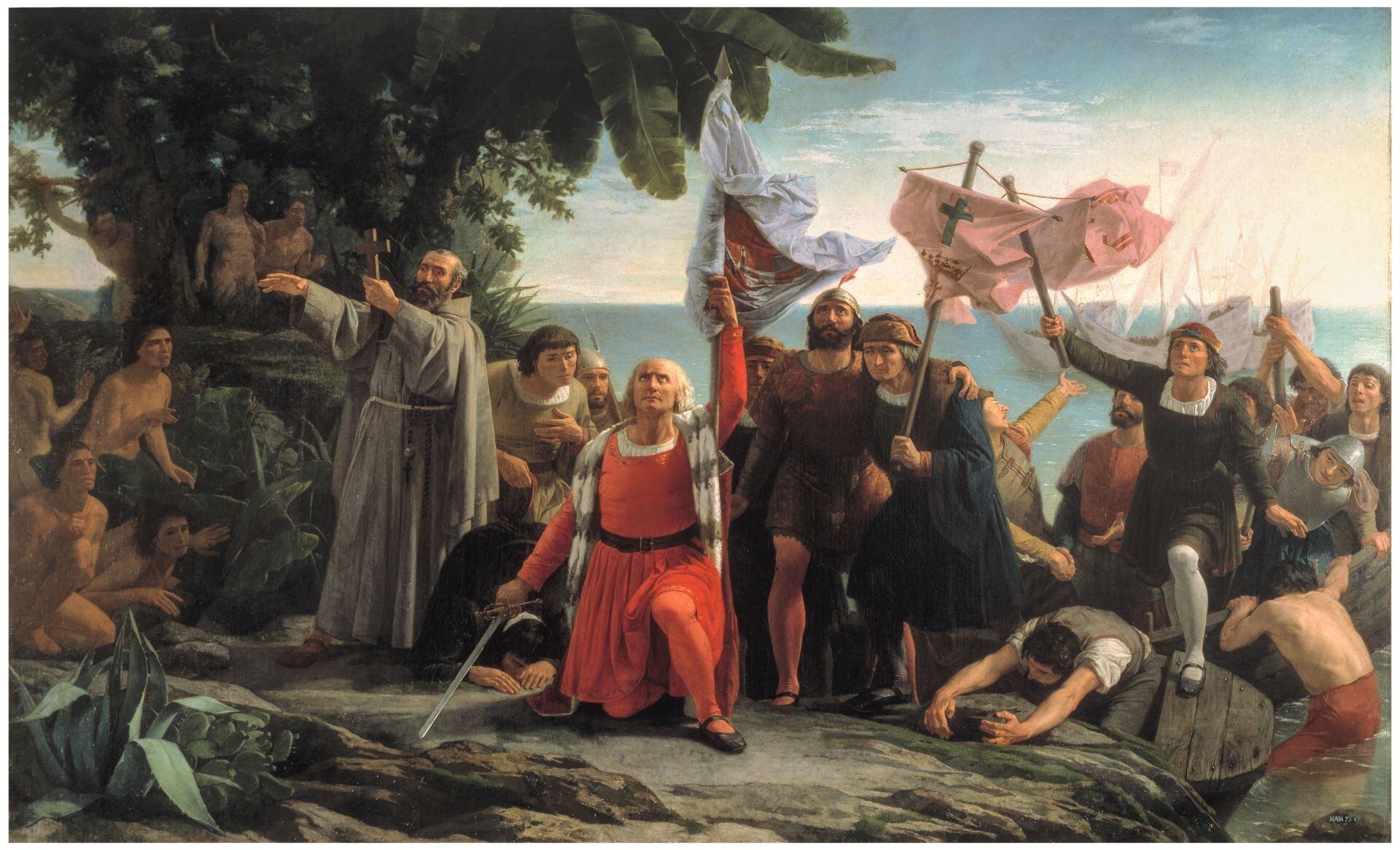 The painting ‘First landing of Christopher Columbus in America‘ (1862), by Dióscoro Teófilo Puebla y Tolín, from Prado Museum collection.