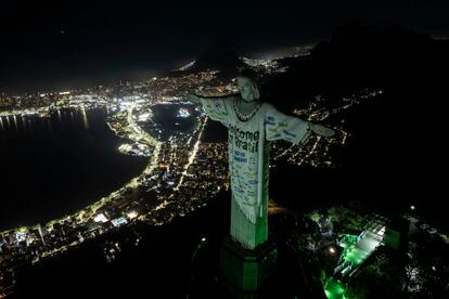 The Christ the Redeemer statue is illuminated with a welcome message for American singer Taylor Swift, in Rio de Janeiro, Brazil, Thursday, Nov. 16, 2023.