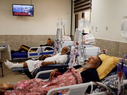 Three patients with kidney failure receive hemodialysis at Nasser Hospital in Khan Younis, Gaza, on October 15, 2023.