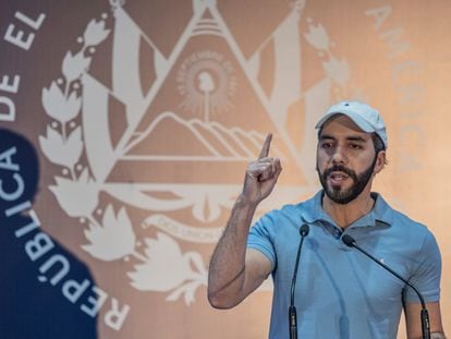 President Nayib Bukele offers a press conference Sunday at the Sheraton hotel in San Salvador.