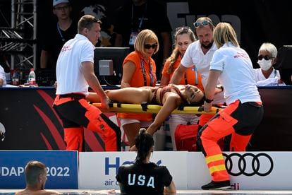 Anita Alvarez is carried on a stretcher after collapsing during the solo free final of the artistic swimming at the 19th FINA World Championships, 