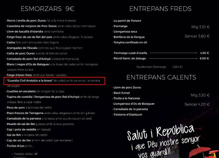 The menu featuring “grilled civil guard.”