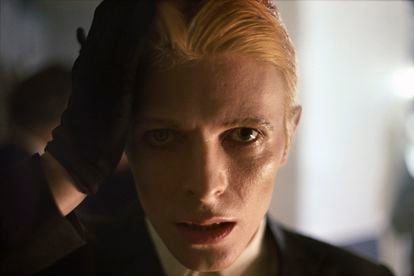 Close-up of Bowie in the film 'The Man Who Fell to Earth,' in which he plays an alien who arrives on Earth in human form.
