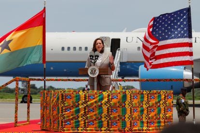 U.S. Vice President, Kamala Harris, delivers a speech as she arrives at the Kotoka International Airport to begin her trip to Ghana, Tanzania and Zambia, in Accra, Ghana, March 26, 2023.