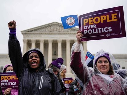 Members of the League of Women Voters, a voting rights organization, outside the United States Supreme Court in Washington, DC.