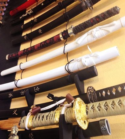 Alberto Olmedo’s collection of katanas, which he uses for cutting hair.