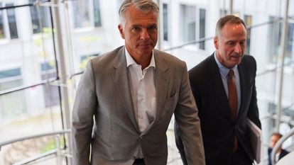 Sergio Ermotti, UBS Group Chief Executive Officer and Todd Tuckner, UBS Group Chief Financial Officer walk on the day of a press conference of Swiss bank UBS after the take over of Credit Suisse, in Zurich, Switzerland, August 31, 2023.