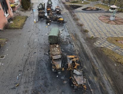 Destroyed Russian military vehicles in Borodianka, in the Kyiv region, pictured by a drone on March 3.