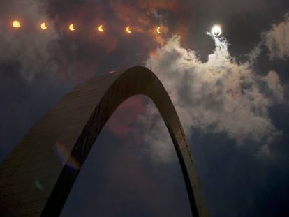 A multiple exposure photograph shows the progression of a solar eclipse over St. Louis on August, 2017.