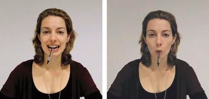 Researchers studying how facial expression affects mood used a pen to force people to make a smiling-like (left) or pout-like (right) expression.