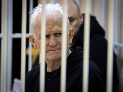 Ales Bialiatski, the head of Belarusian Vyasna rights group, sits in a defendants' cage in Minsk, Belarus, on Thursday, January 5, 2023.