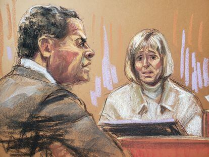 In this courtroom sketch, former advice columnist E. Jean Carroll answers questions from Trump lawyer Joe Tacopina in New York, U.S., April 27, 2023.
