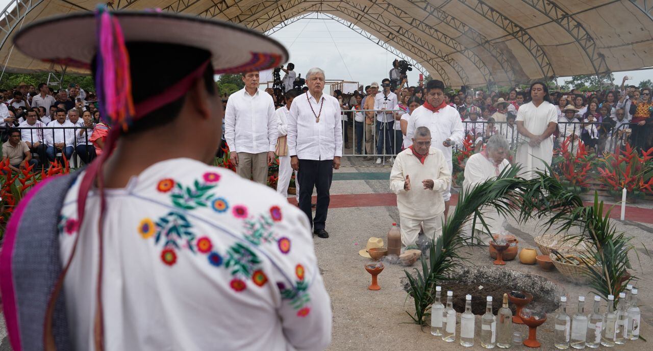 Mexican President Andrés Manuel López Obrador at a ceremony in Chiapas to ask for permission from 12 local Mayan indigenous communities to construct the Maya Train project.